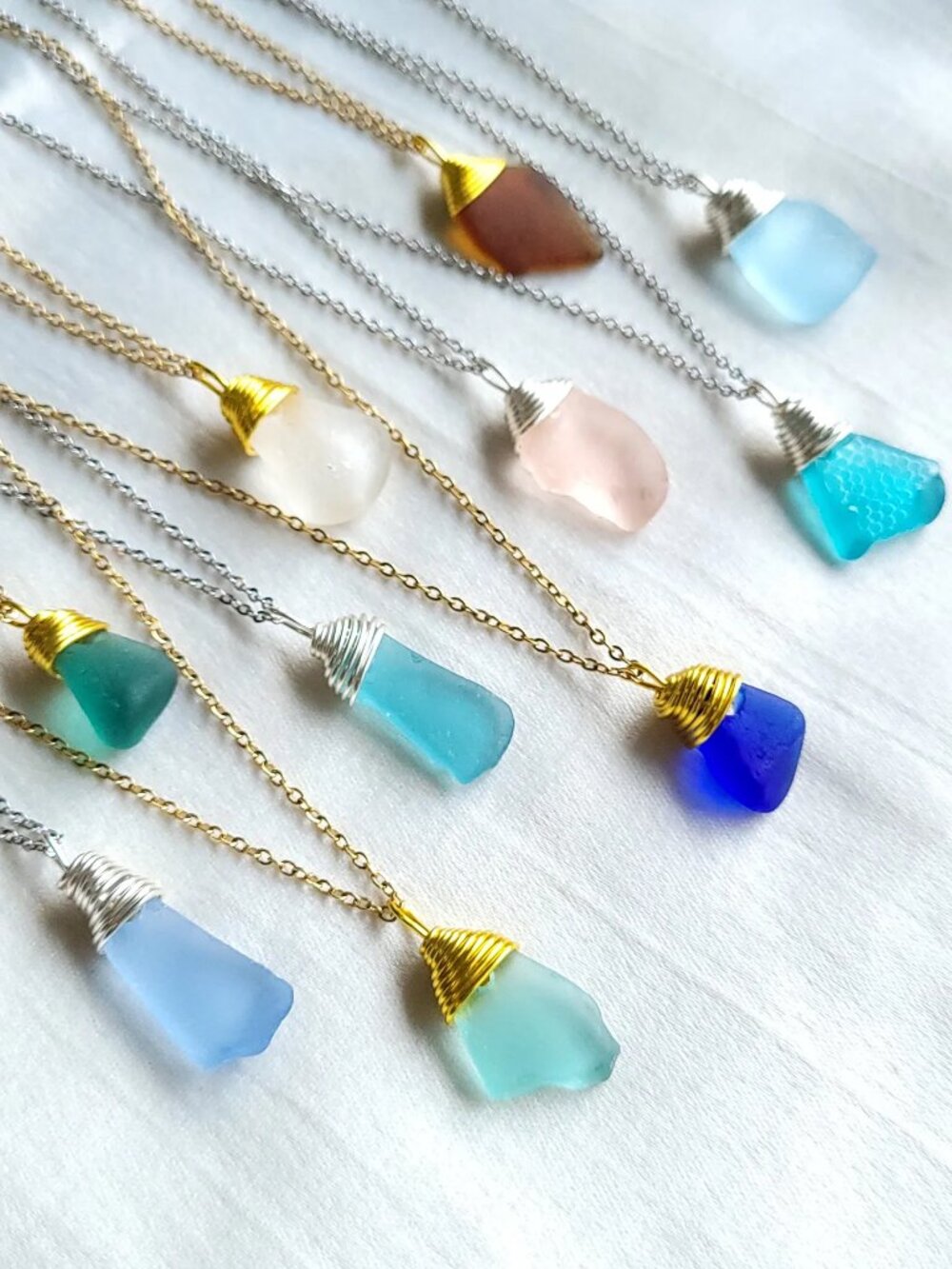 Sea Glass Pendant Necklace With Gold Silver Metal Chain | Handmade Eco Jewelry